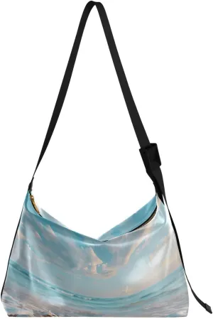 Serene Beach Scene Shoulder Bag for Women Waterproof PU Leather Hobo Bags Crossbody Purse with Zipper Closure