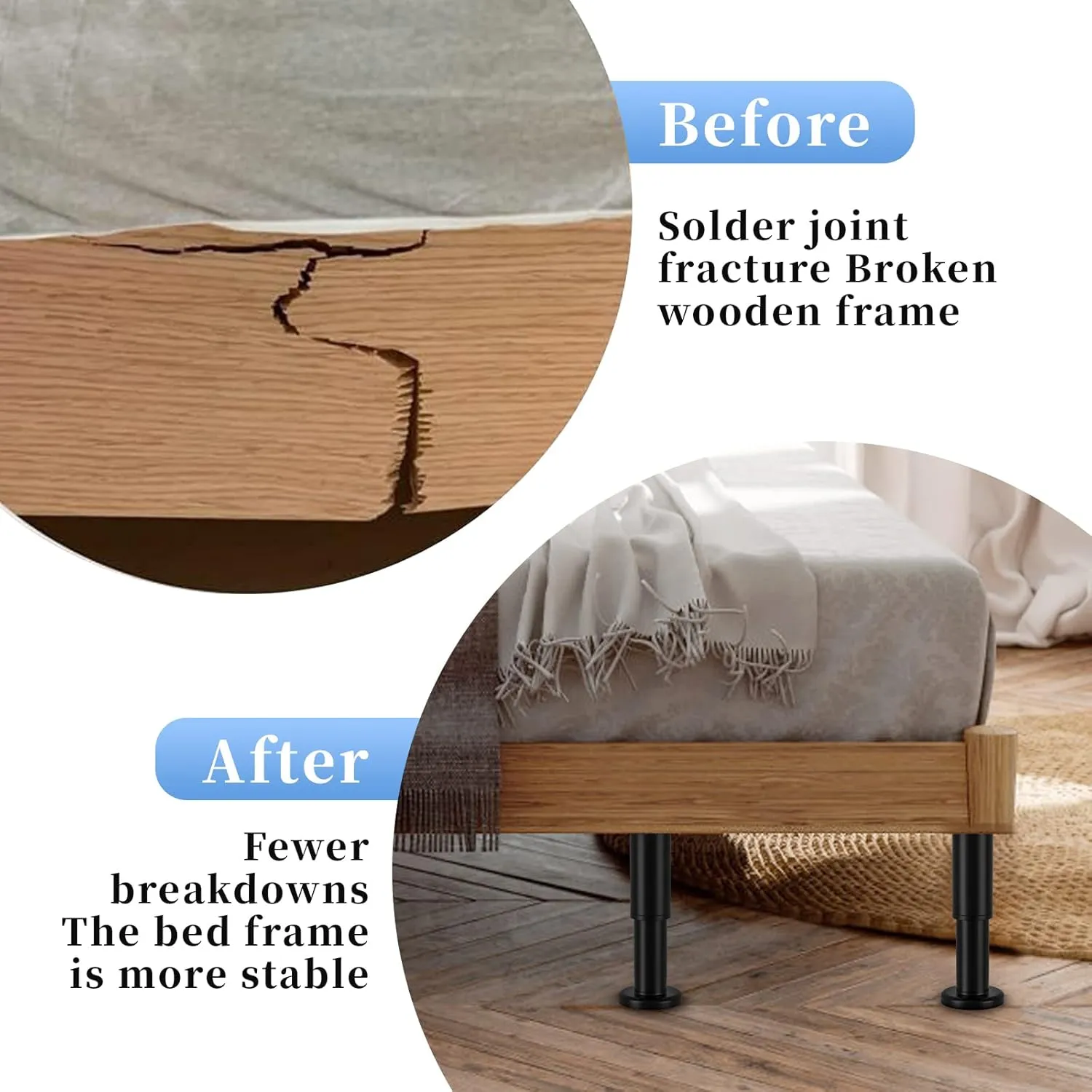 Set of 4 Adjustable Bed Legs Replacement, Adjustable Metal Bed Frame Support Legs 7.08-12.6 inch, Upgrade Under Bed Support Leg with Wider Base, Heavy Duty Center Support Legs