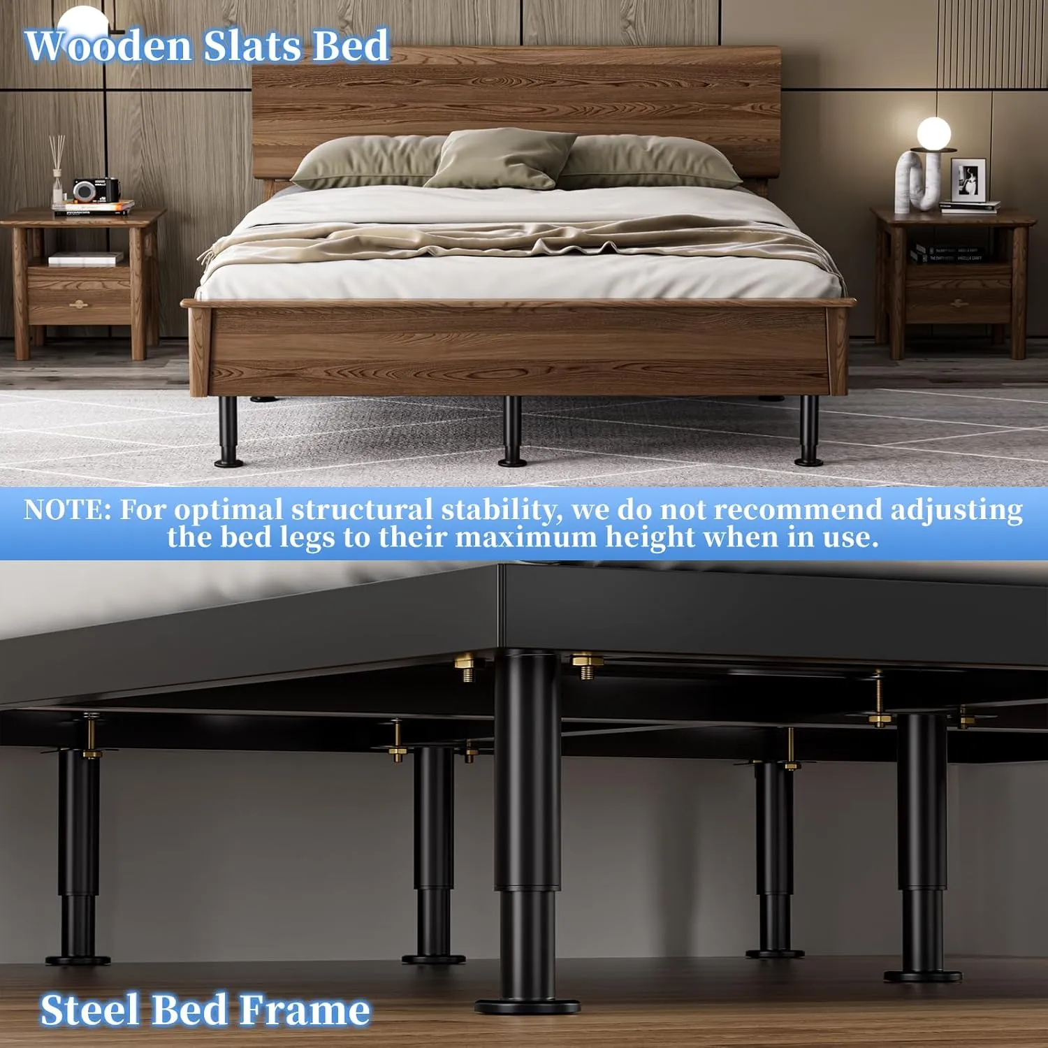Set of 4 Adjustable Bed Legs Replacement, Adjustable Metal Bed Frame Support Legs 7.08-12.6 inch, Upgrade Under Bed Support Leg with Wider Base, Heavy Duty Center Support Legs