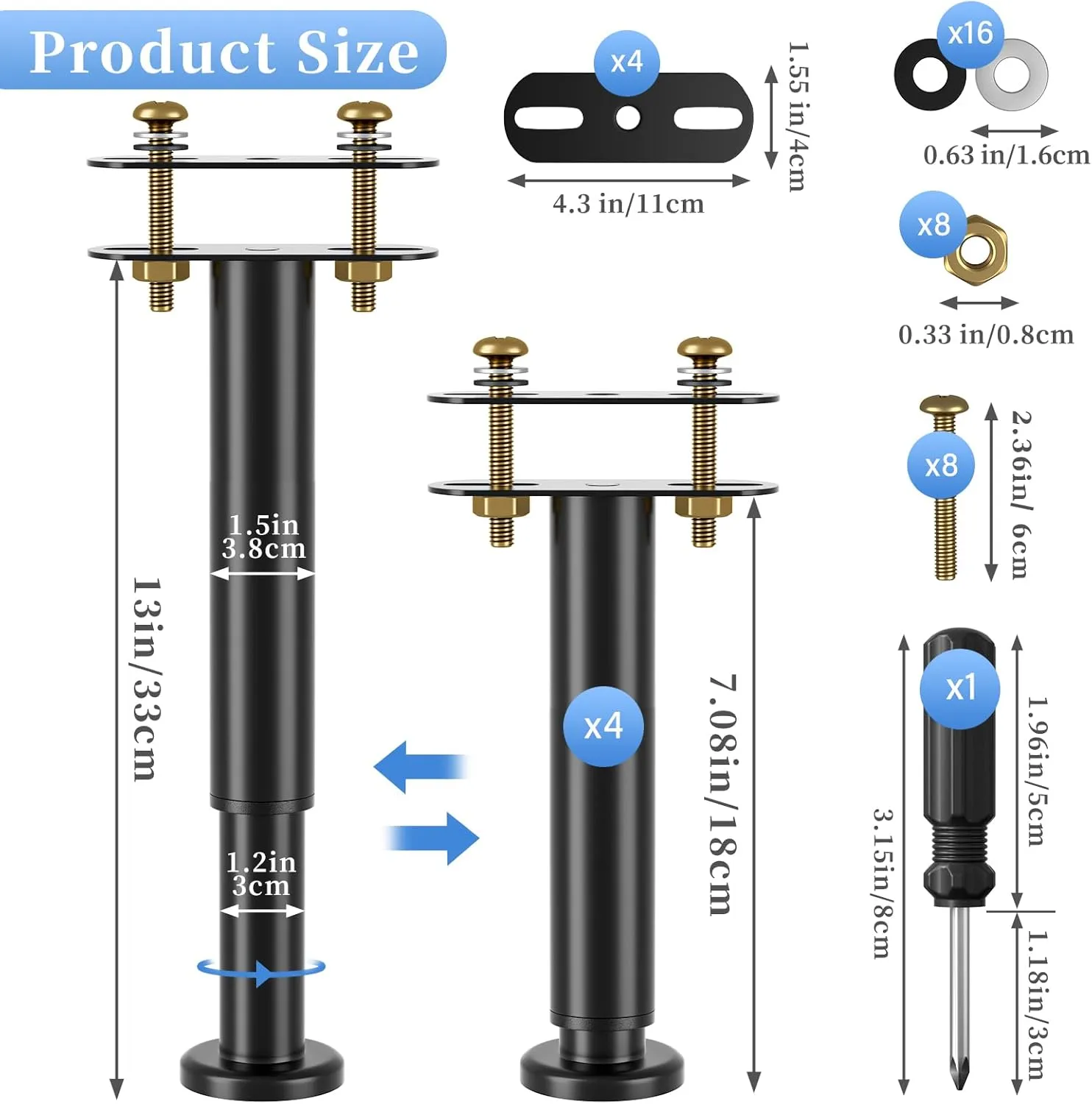 Set of 4 Adjustable Bed Legs Replacement, Adjustable Metal Bed Frame Support Legs 7.08-12.6 inch, Upgrade Under Bed Support Leg with Wider Base, Heavy Duty Center Support Legs