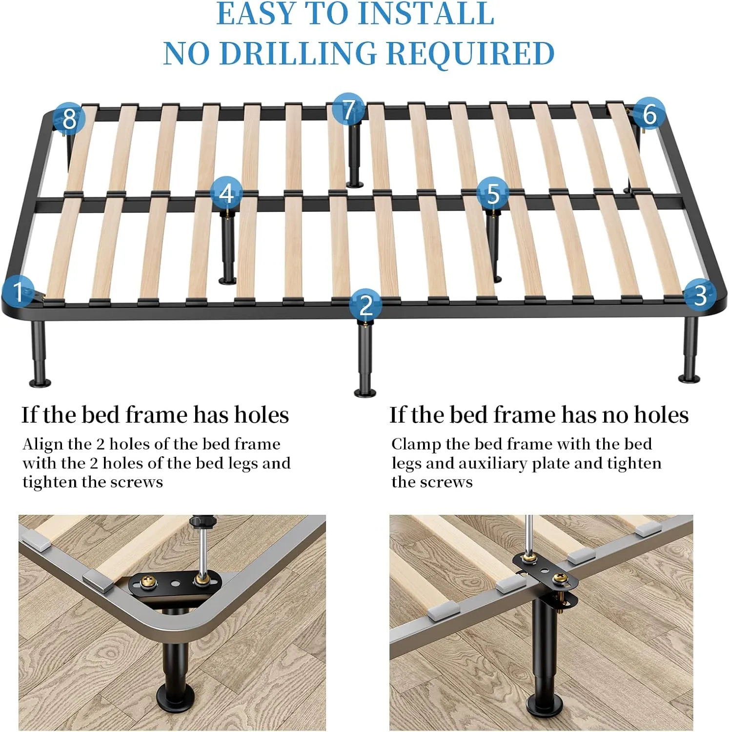 Set of 4 Adjustable Bed Legs Replacement, Adjustable Metal Bed Frame Support Legs 7.08-12.6 inch, Upgrade Under Bed Support Leg with Wider Base, Heavy Duty Center Support Legs