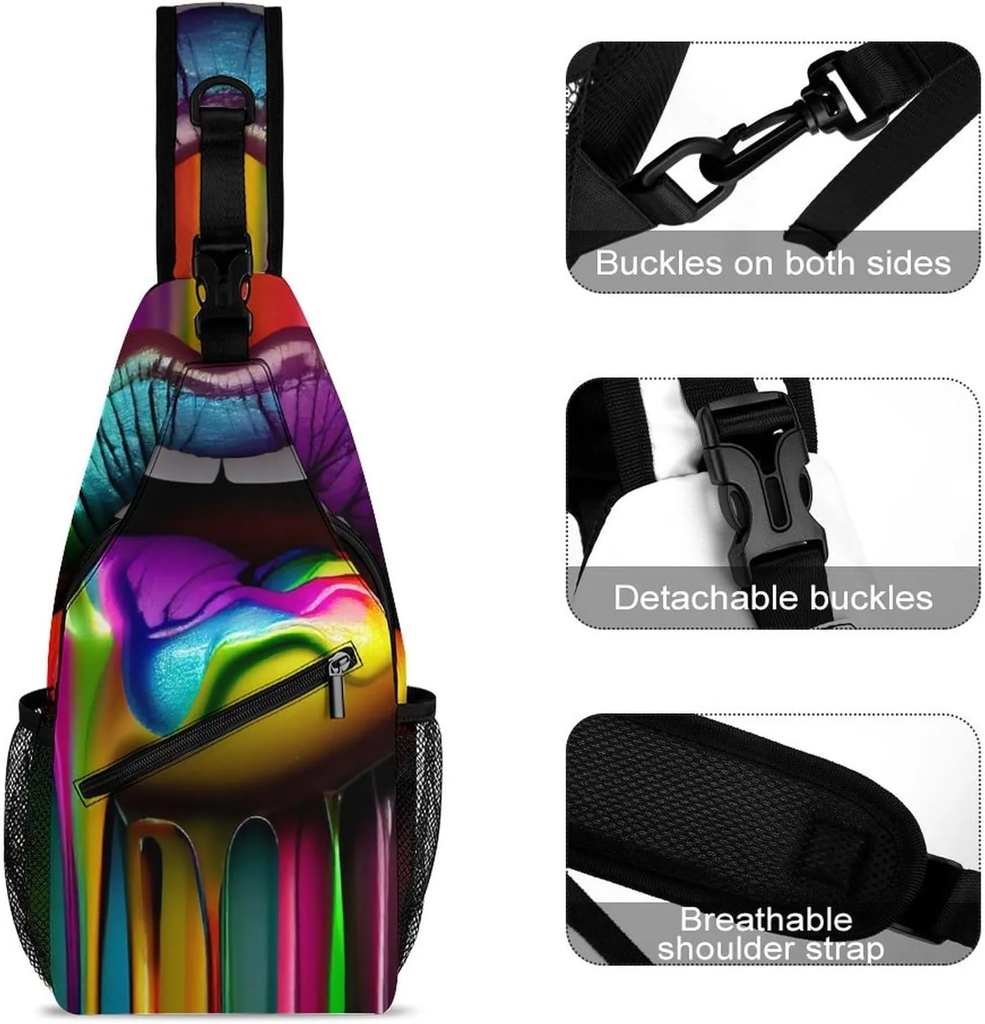 Sexy Rainbow Lips Sling Bag for Women Men Lipstick Wet 3d Crossbody Shoulder Bag with Anti Theft,Multipurpose Chest Bag for Travel,Hiking,Cycling,Camping