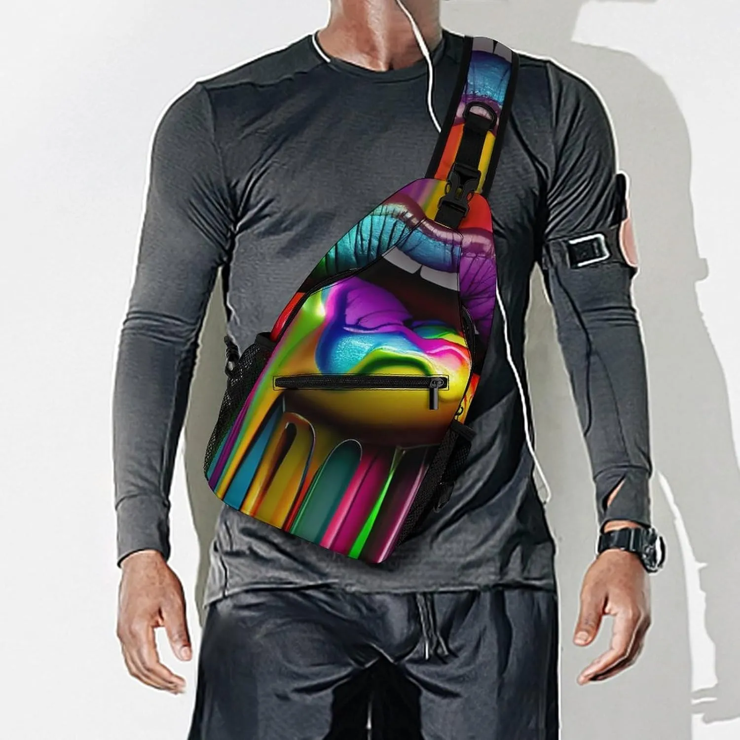 Sexy Rainbow Lips Sling Bag for Women Men Lipstick Wet 3d Crossbody Shoulder Bag with Anti Theft,Multipurpose Chest Bag for Travel,Hiking,Cycling,Camping