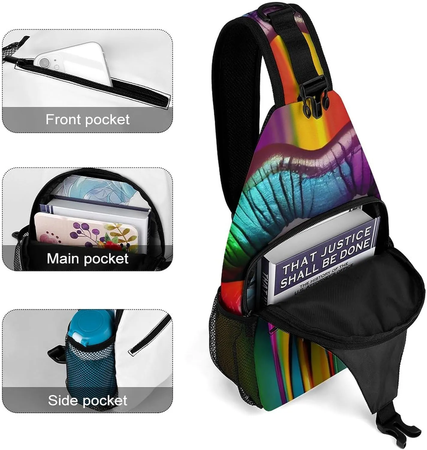 Sexy Rainbow Lips Sling Bag for Women Men Lipstick Wet 3d Crossbody Shoulder Bag with Anti Theft,Multipurpose Chest Bag for Travel,Hiking,Cycling,Camping