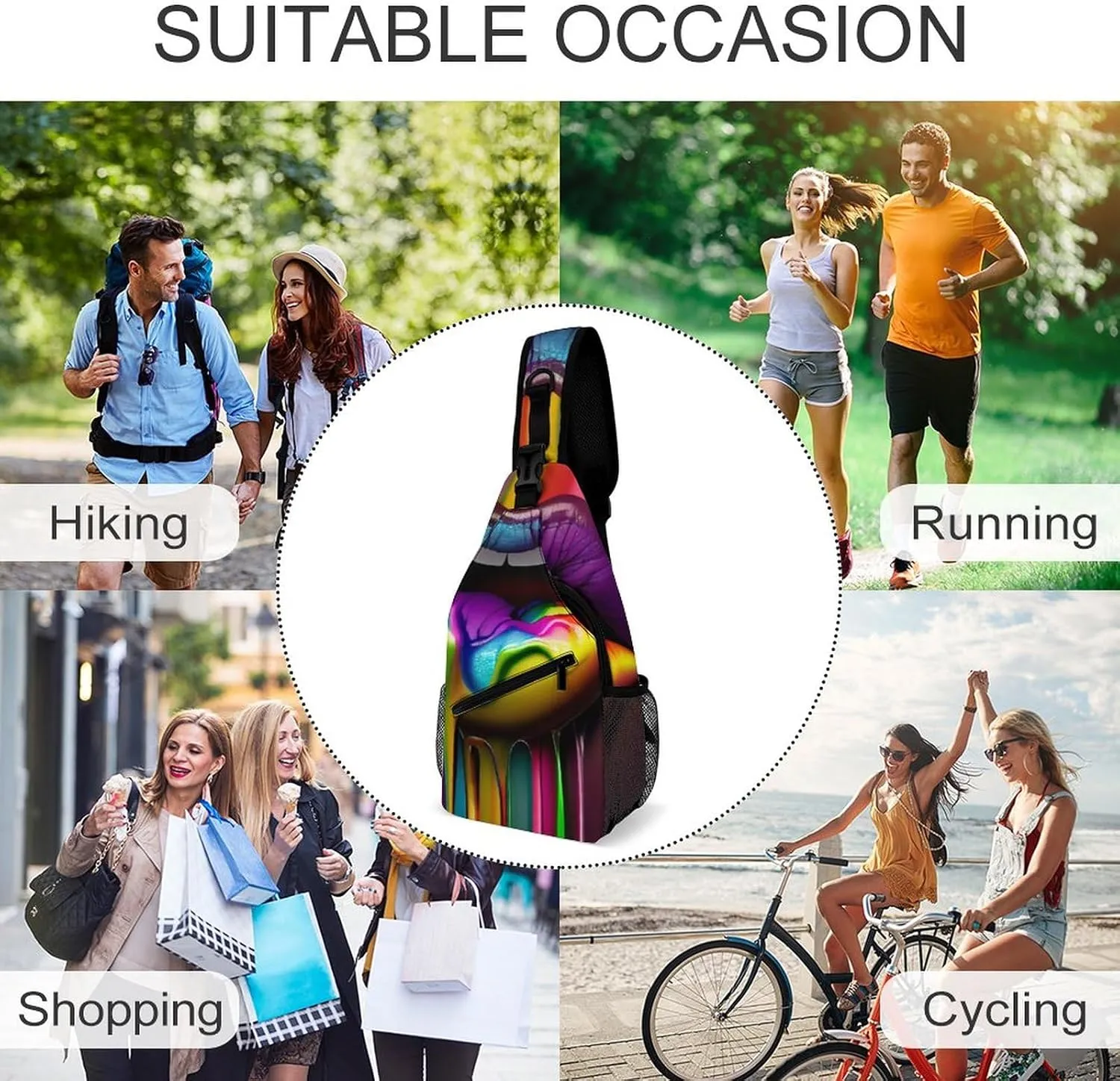Sexy Rainbow Lips Sling Bag for Women Men Lipstick Wet 3d Crossbody Shoulder Bag with Anti Theft,Multipurpose Chest Bag for Travel,Hiking,Cycling,Camping