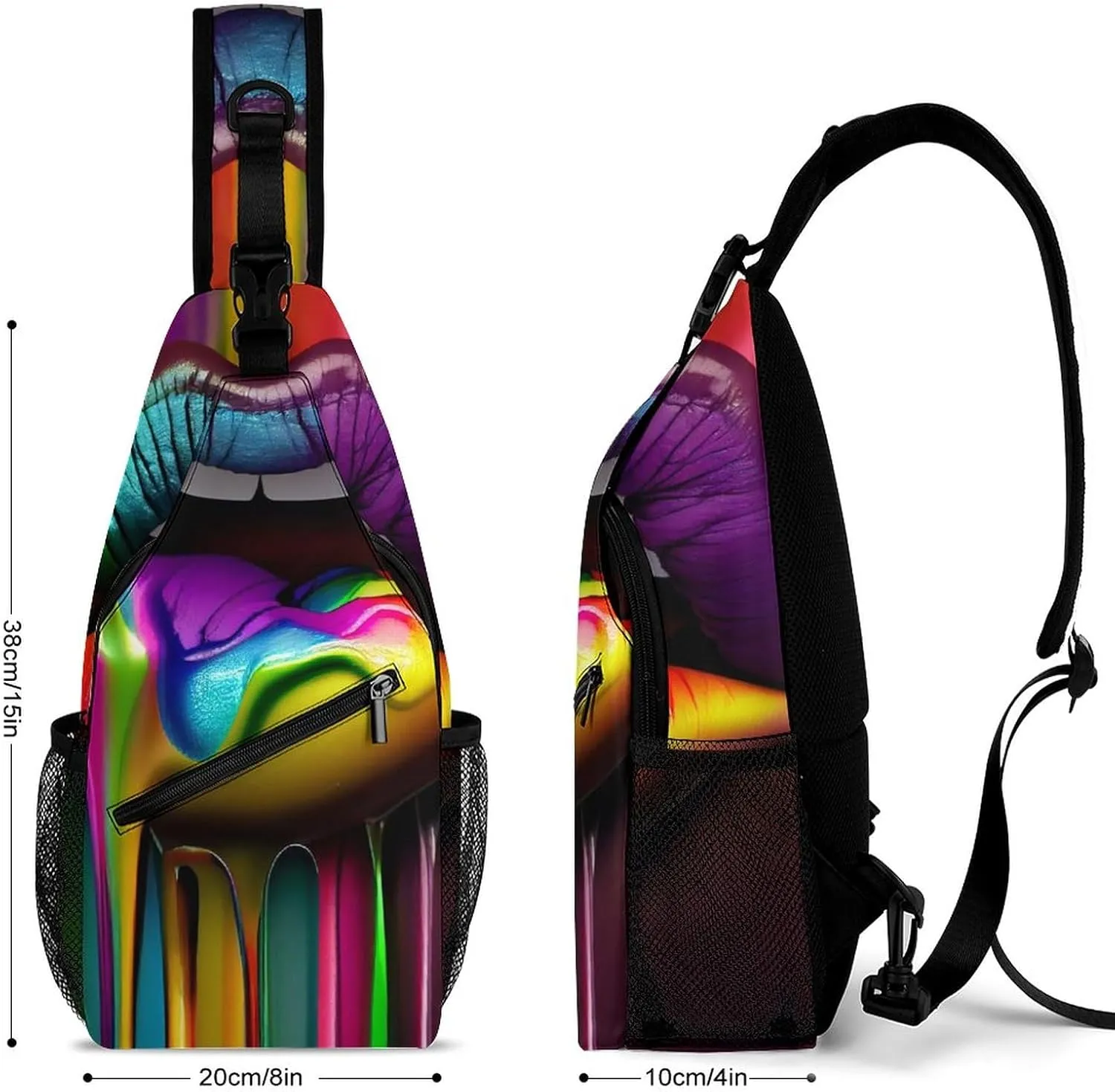 Sexy Rainbow Lips Sling Bag for Women Men Lipstick Wet 3d Crossbody Shoulder Bag with Anti Theft,Multipurpose Chest Bag for Travel,Hiking,Cycling,Camping