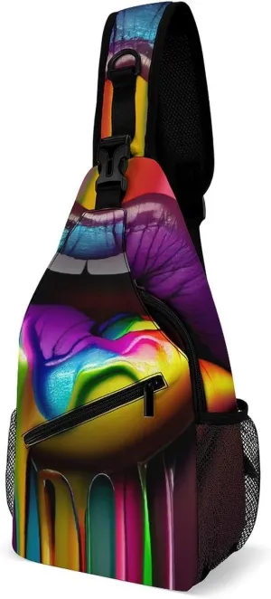 Sexy Rainbow Lips Sling Bag for Women Men Lipstick Wet 3d Crossbody Shoulder Bag with Anti Theft,Multipurpose Chest Bag for Travel,Hiking,Cycling,Camping