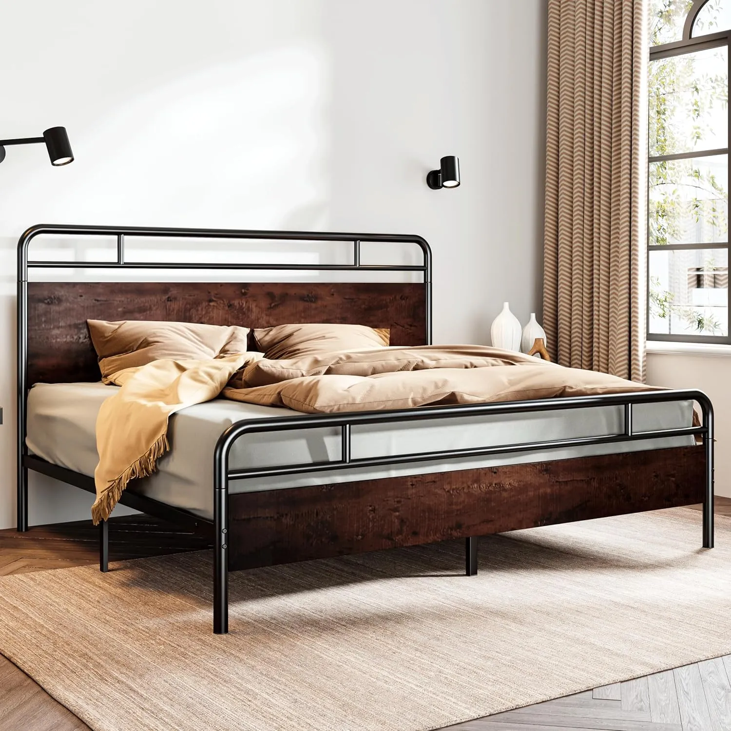 SHA CERLIN King Size Bed Frame with Wooden Headboard and Footboard, Rounded Corner Metal Structure, Heavy Duty Slats with Under-Bed Storage, No Box Spring Needed, Mahogany