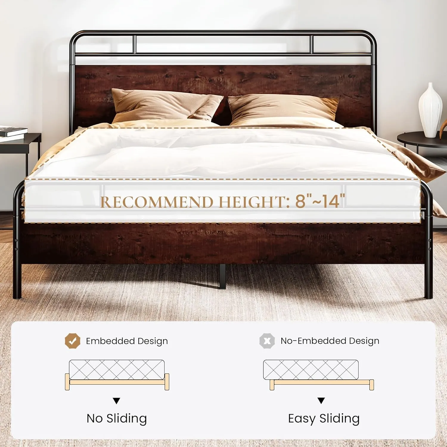 SHA CERLIN King Size Bed Frame with Wooden Headboard and Footboard, Rounded Corner Metal Structure, Heavy Duty Slats with Under-Bed Storage, No Box Spring Needed, Mahogany