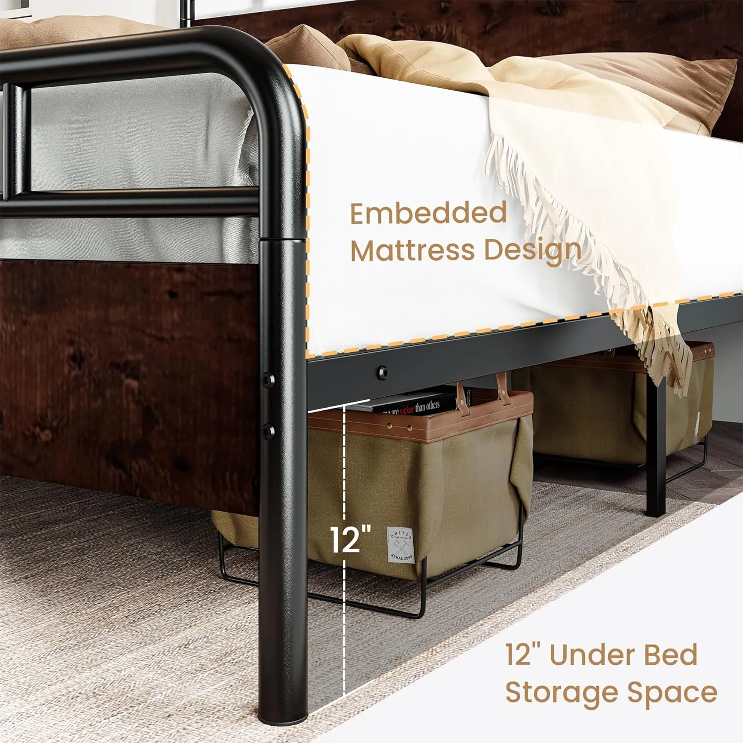SHA CERLIN King Size Bed Frame with Wooden Headboard and Footboard, Rounded Corner Metal Structure, Heavy Duty Slats with Under-Bed Storage, No Box Spring Needed, Mahogany