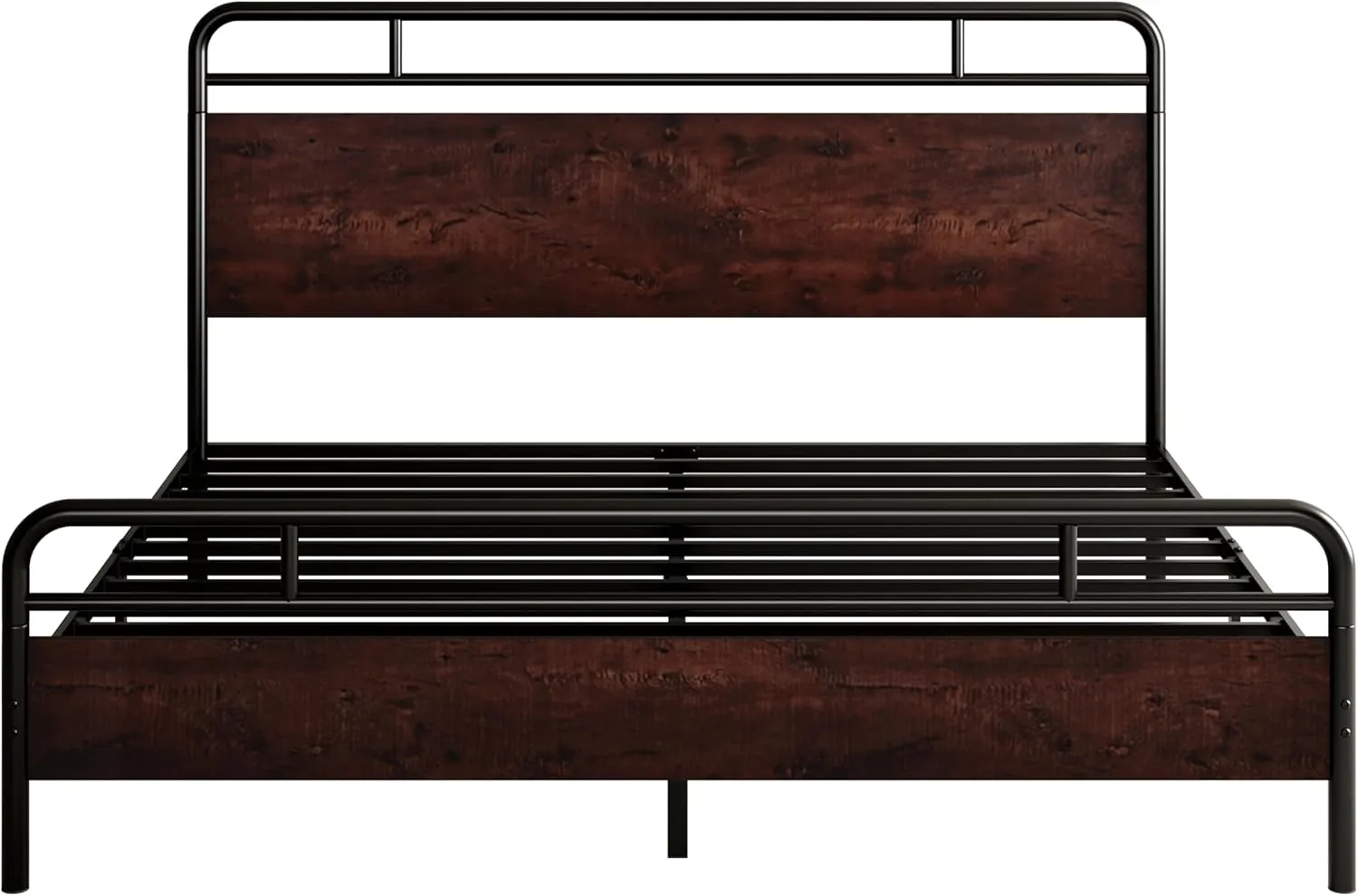 SHA CERLIN King Size Bed Frame with Wooden Headboard and Footboard, Rounded Corner Metal Structure, Heavy Duty Slats with Under-Bed Storage, No Box Spring Needed, Mahogany