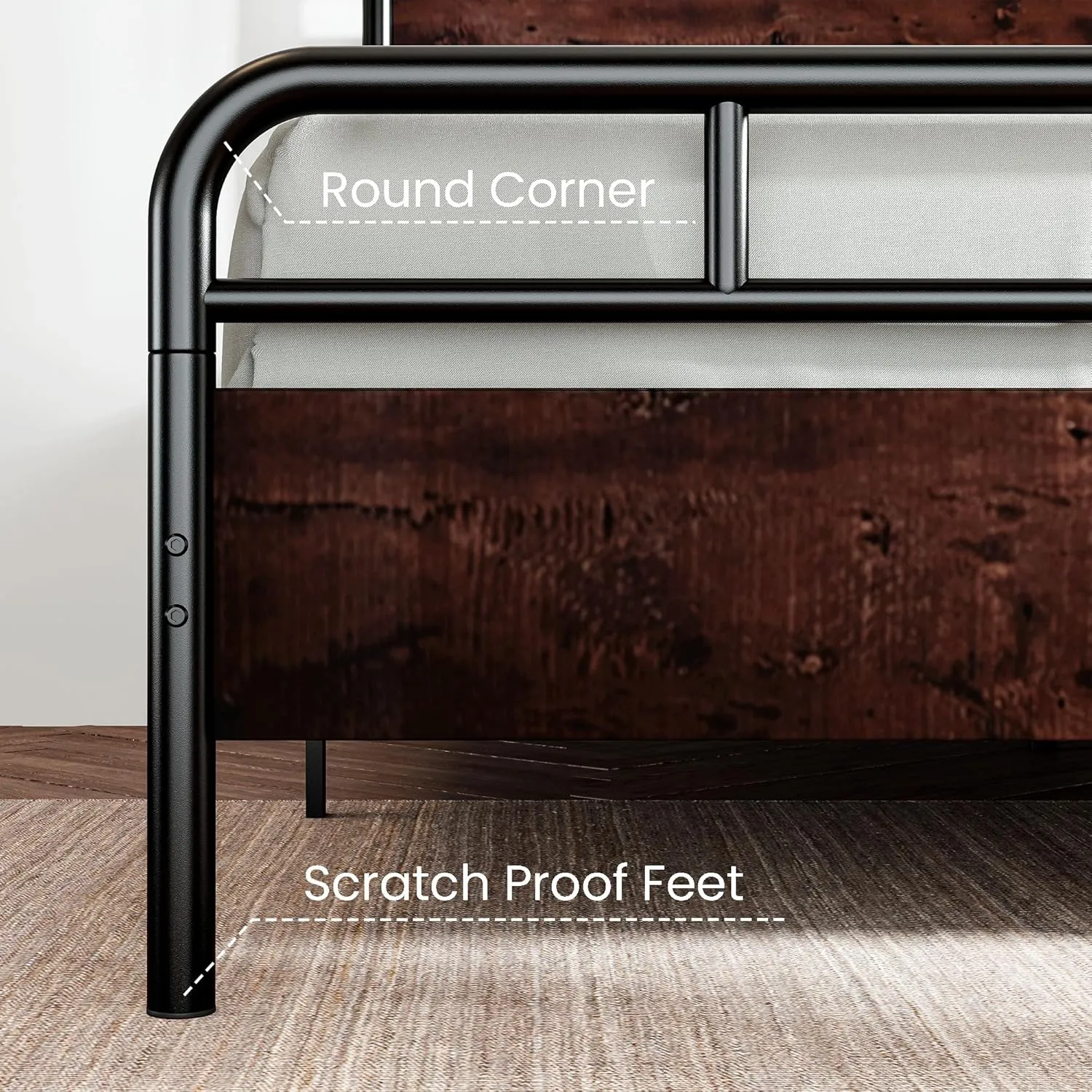 SHA CERLIN King Size Bed Frame with Wooden Headboard and Footboard, Rounded Corner Metal Structure, Heavy Duty Slats with Under-Bed Storage, No Box Spring Needed, Mahogany