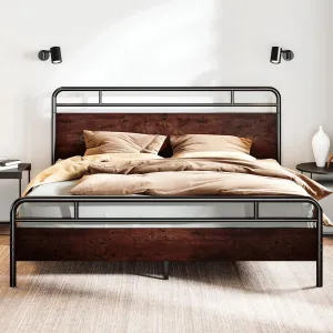 SHA CERLIN King Size Bed Frame with Wooden Headboard and Footboard, Rounded Corner Metal Structure, Heavy Duty Slats with Under-Bed Storage, No Box Spring Needed, Mahogany