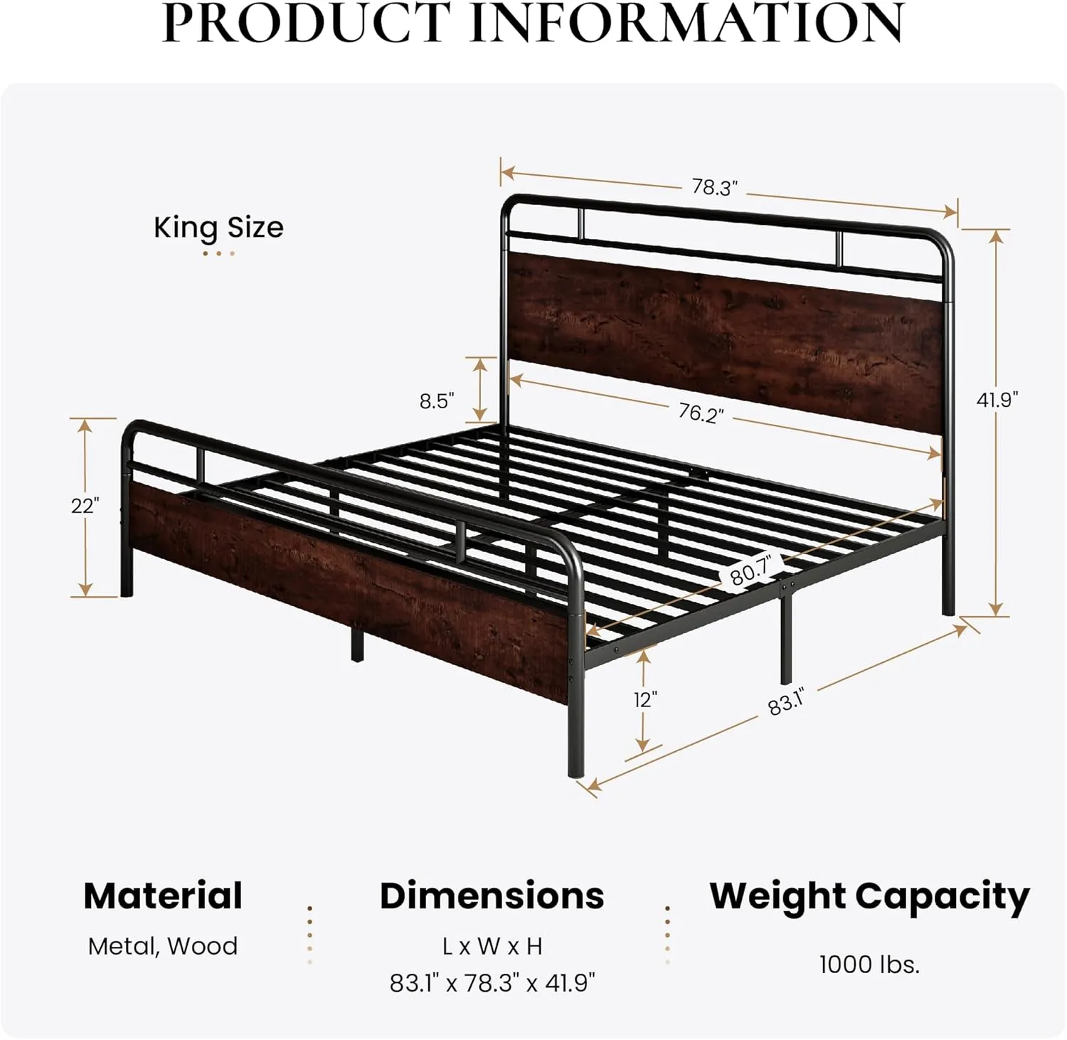 SHA CERLIN King Size Bed Frame with Wooden Headboard and Footboard, Rounded Corner Metal Structure, Heavy Duty Slats with Under-Bed Storage, No Box Spring Needed, Mahogany