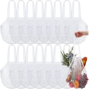 Shappy 16 Pcs Reusable Grocery Bags Mesh Produce Bags Washable Cotton Mesh Tote with Handles for Fruit Vegetable Shopping Storage Market(White)