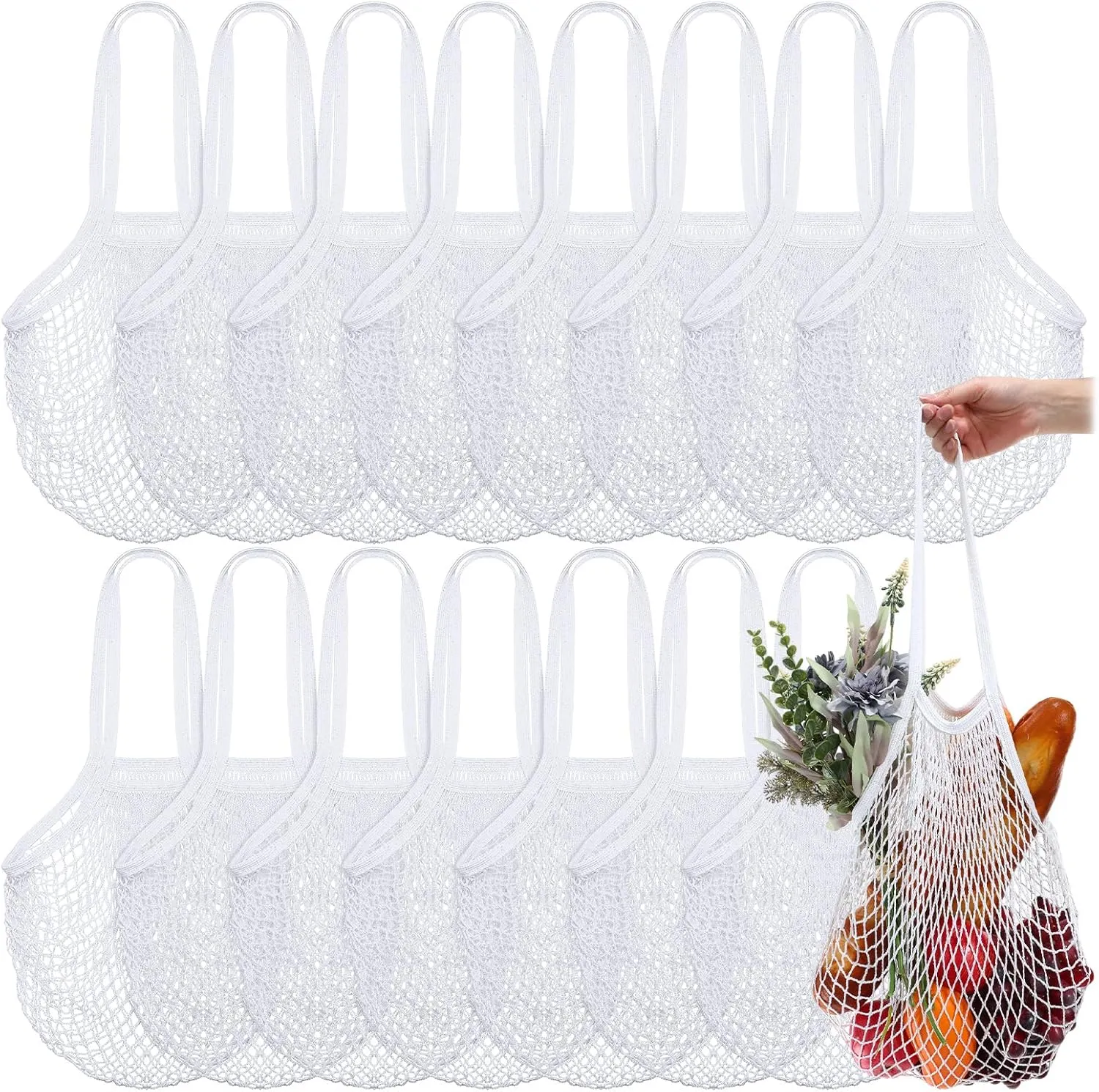 Shappy 16 Pcs Reusable Grocery Bags Mesh Produce Bags Washable Cotton Mesh Tote with Handles for Fruit Vegetable Shopping Storage Market(White)