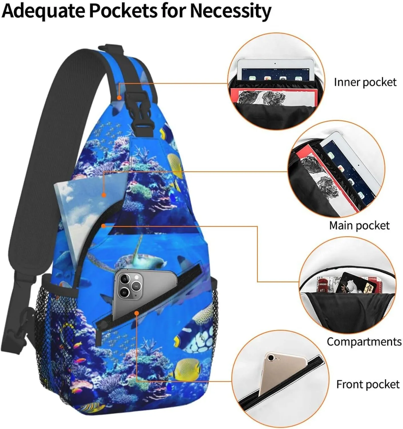 Shark Sea Turtle Visiting Coral Reef Beautiful Marine Fish Chest Sling Bag Crossbody Shoulder Backpack Bag Gym Cycling Travel Hiking Daypack Cross Bag
