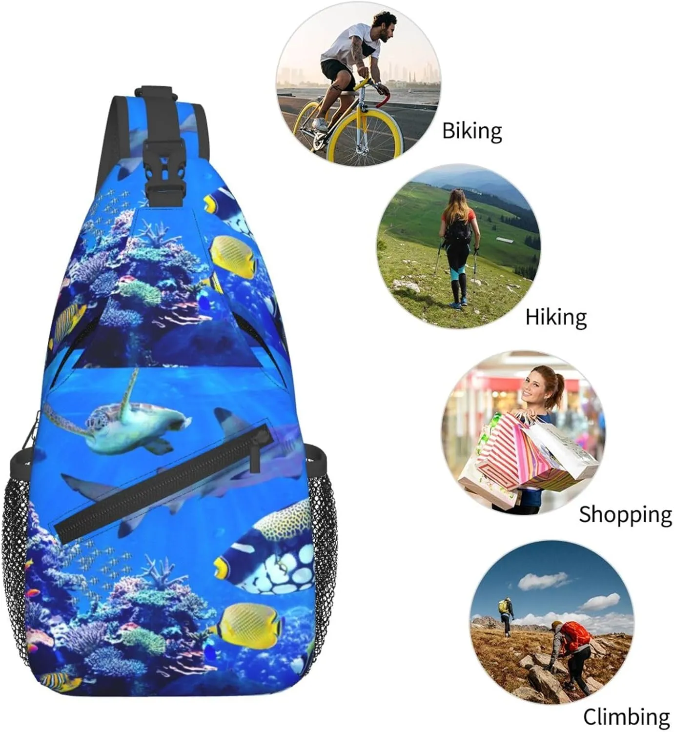 Shark Sea Turtle Visiting Coral Reef Beautiful Marine Fish Chest Sling Bag Crossbody Shoulder Backpack Bag Gym Cycling Travel Hiking Daypack Cross Bag