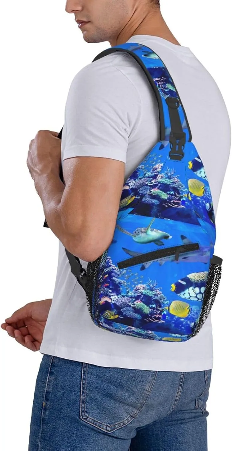 Shark Sea Turtle Visiting Coral Reef Beautiful Marine Fish Chest Sling Bag Crossbody Shoulder Backpack Bag Gym Cycling Travel Hiking Daypack Cross Bag