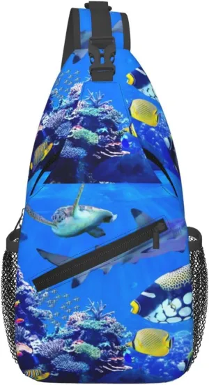 Shark Sea Turtle Visiting Coral Reef Beautiful Marine Fish Chest Sling Bag Crossbody Shoulder Backpack Bag Gym Cycling Travel Hiking Daypack Cross Bag