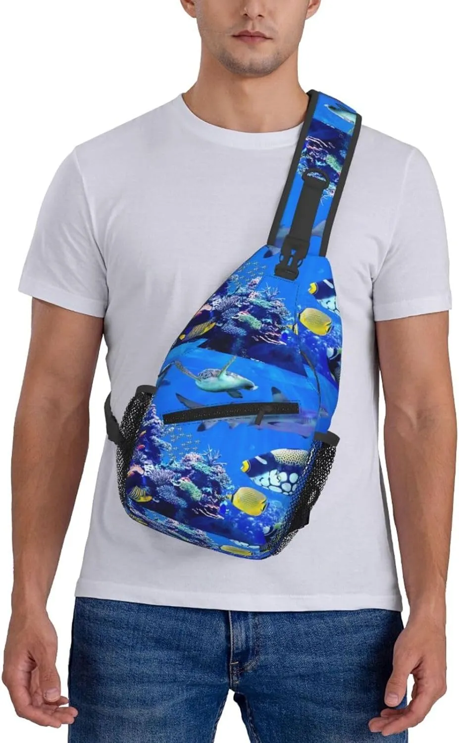 Shark Sea Turtle Visiting Coral Reef Beautiful Marine Fish Chest Sling Bag Crossbody Shoulder Backpack Bag Gym Cycling Travel Hiking Daypack Cross Bag