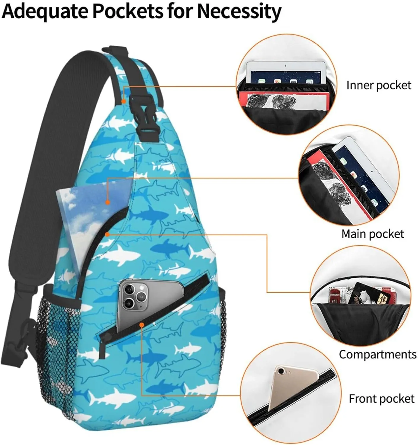 Sharks And Rays Marine Life Chest Sling Bag Crossbody Shoulder Backpack Bag Gym Cycling Travel Hiking Daypack Cross Bag