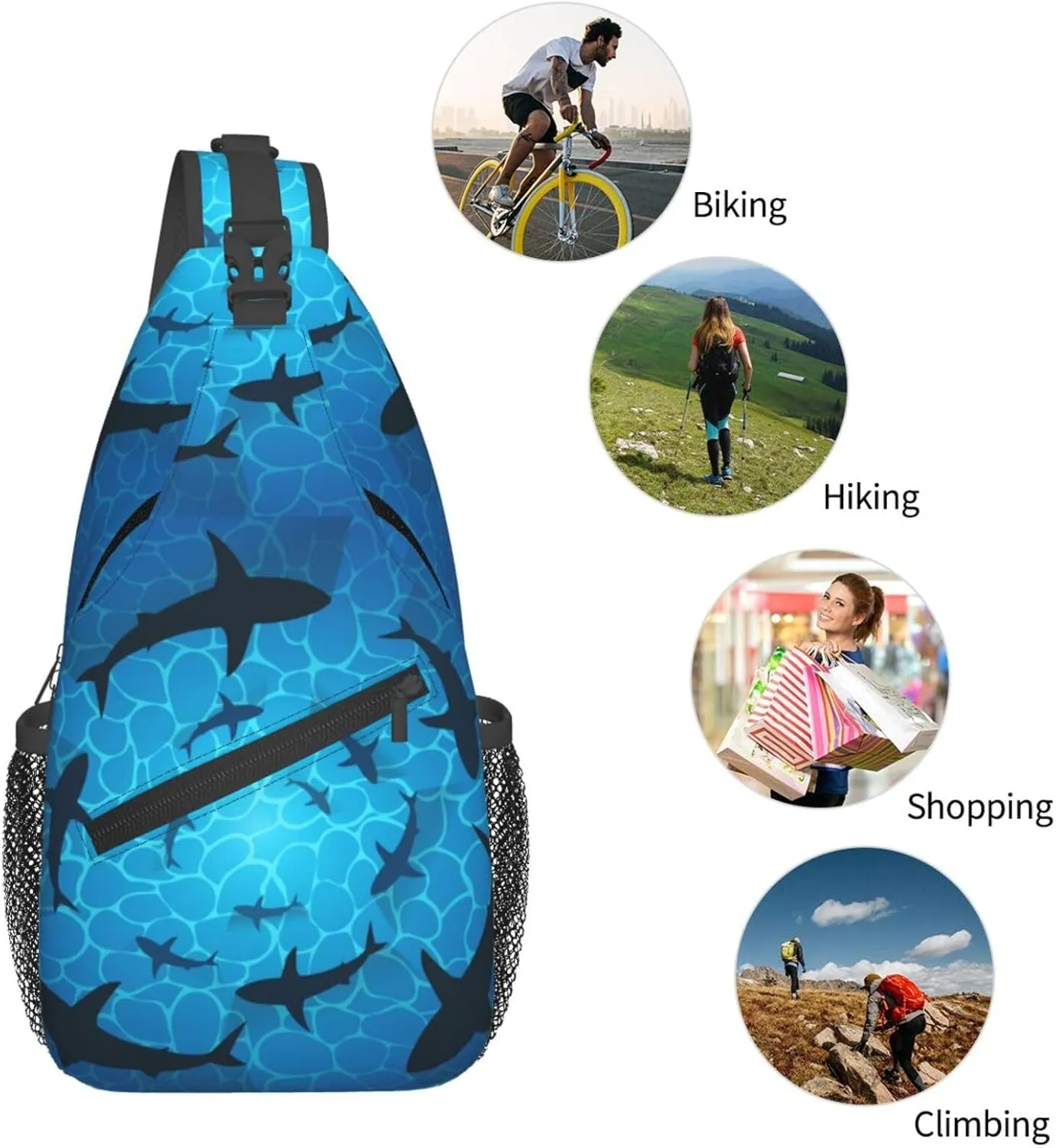 Sharks In Ocean Isolated Sharks Circling Around Chest Sling Bag Crossbody Shoulder Backpack Bag Gym Cycling Travel Hiking Daypack Cross Bag