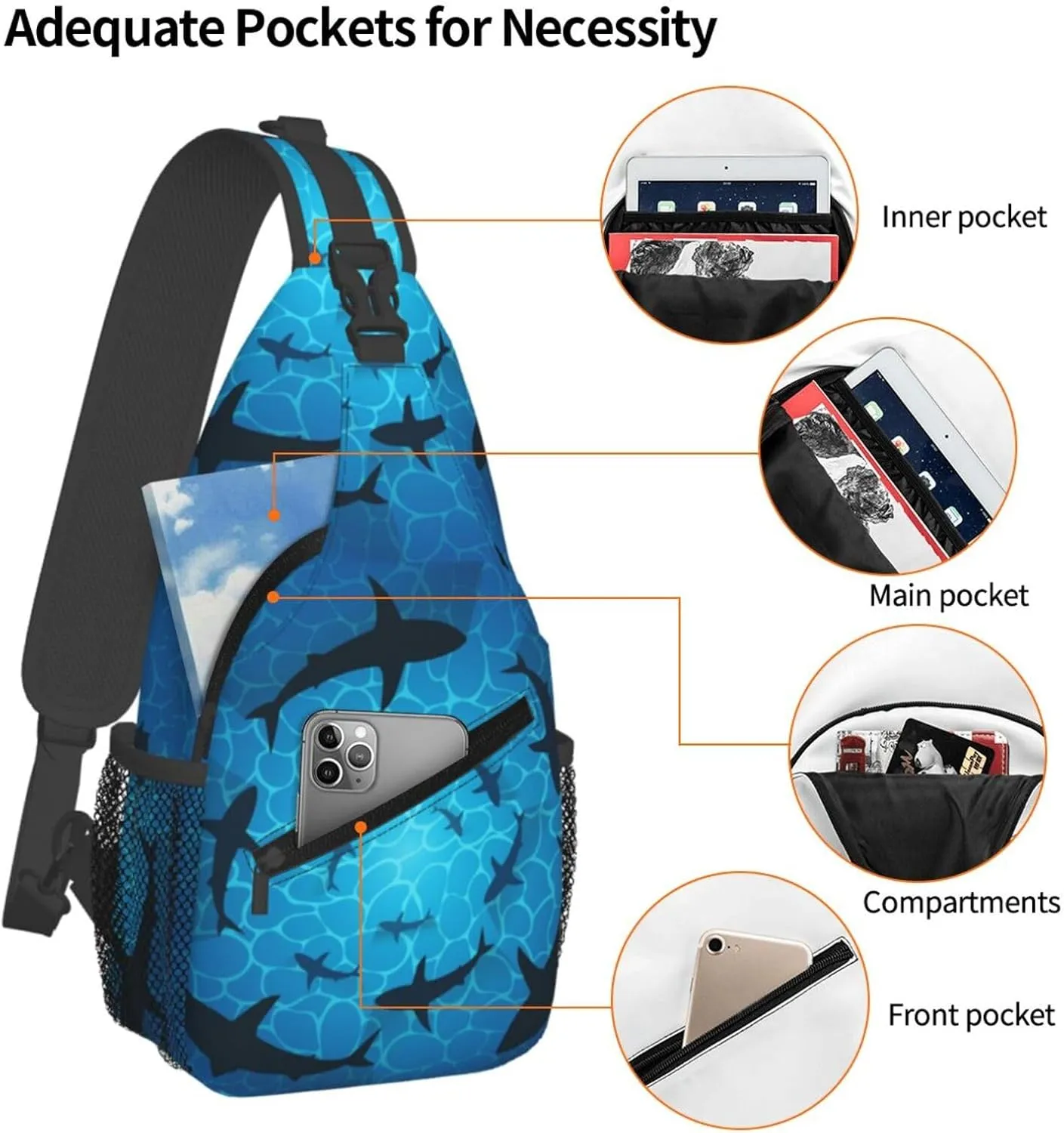 Sharks In Ocean Isolated Sharks Circling Around Chest Sling Bag Crossbody Shoulder Backpack Bag Gym Cycling Travel Hiking Daypack Cross Bag