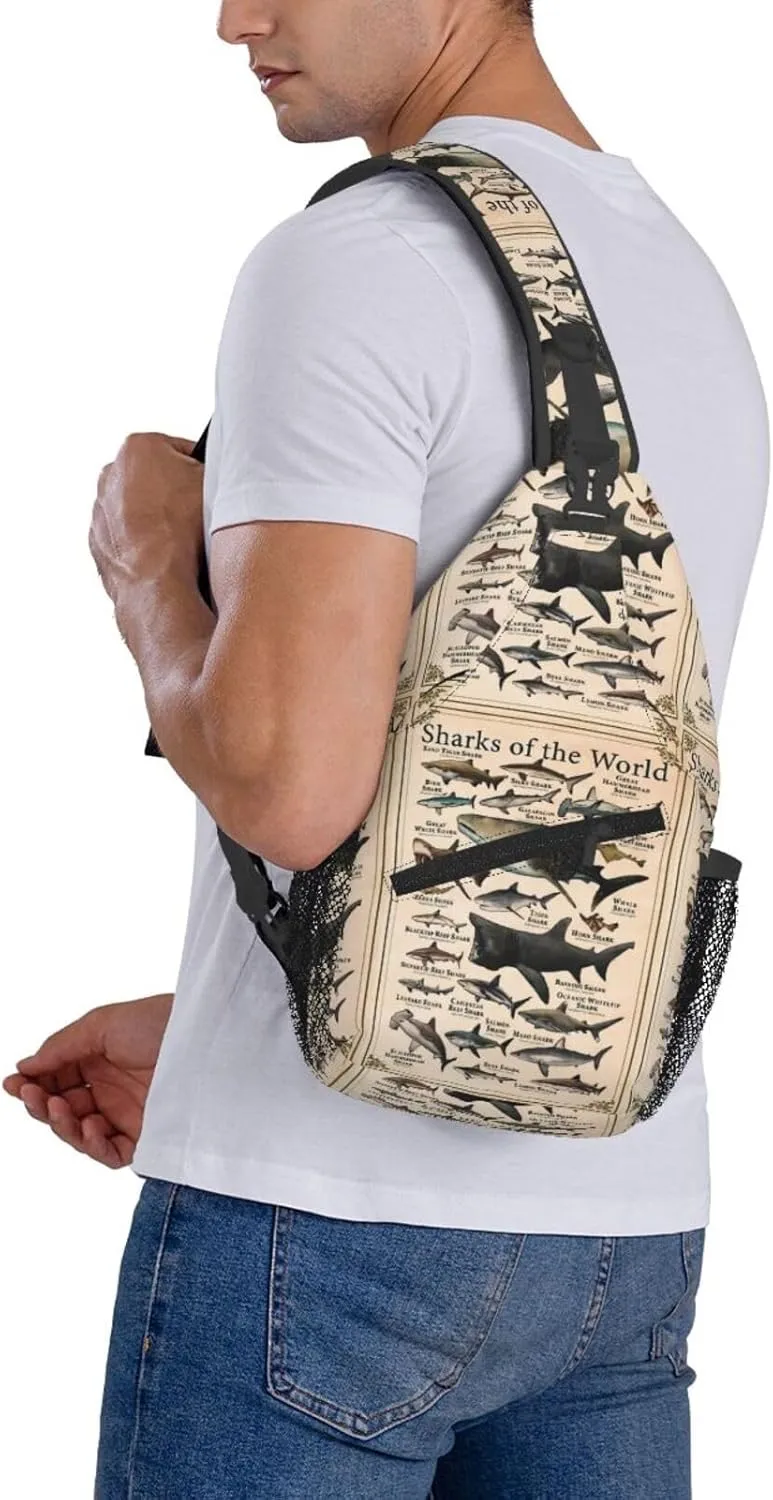 Sharks Of The World Shark Types Knowledge Chest Sling Bag Crossbody Shoulder Backpack Bag Gym Cycling Travel Hiking Daypack Cross Bag