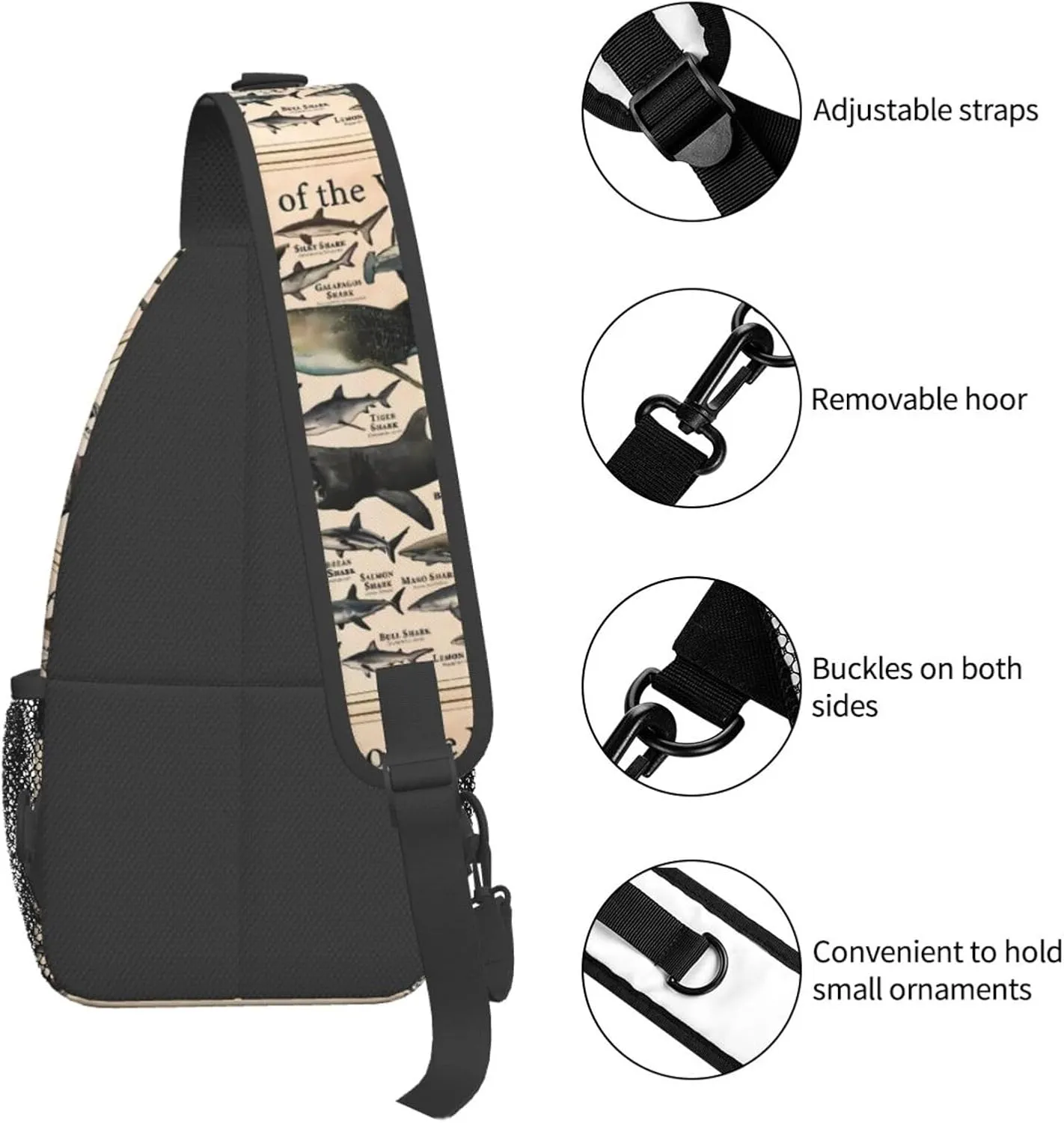 Sharks Of The World Shark Types Knowledge Chest Sling Bag Crossbody Shoulder Backpack Bag Gym Cycling Travel Hiking Daypack Cross Bag