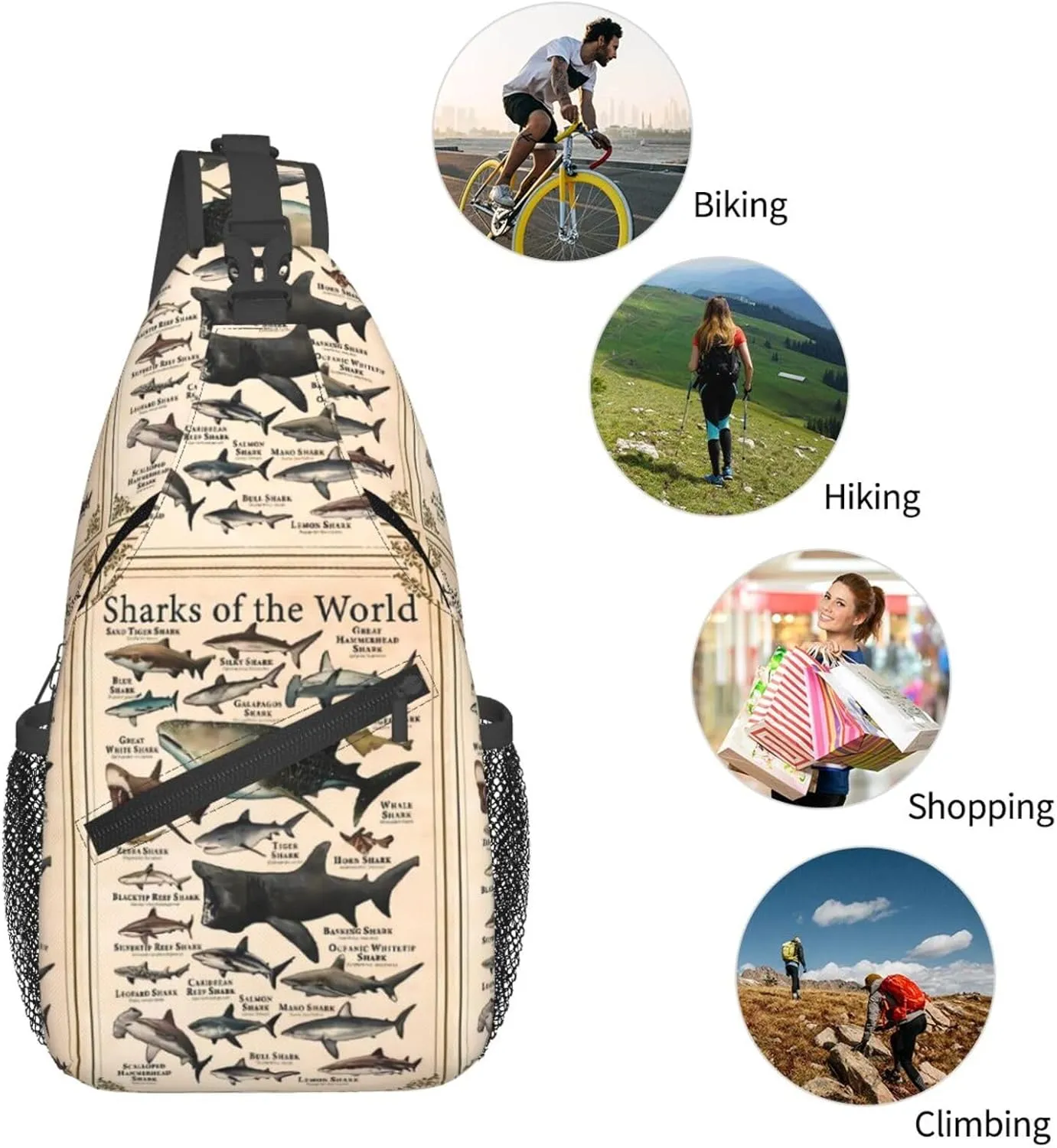 Sharks Of The World Shark Types Knowledge Chest Sling Bag Crossbody Shoulder Backpack Bag Gym Cycling Travel Hiking Daypack Cross Bag