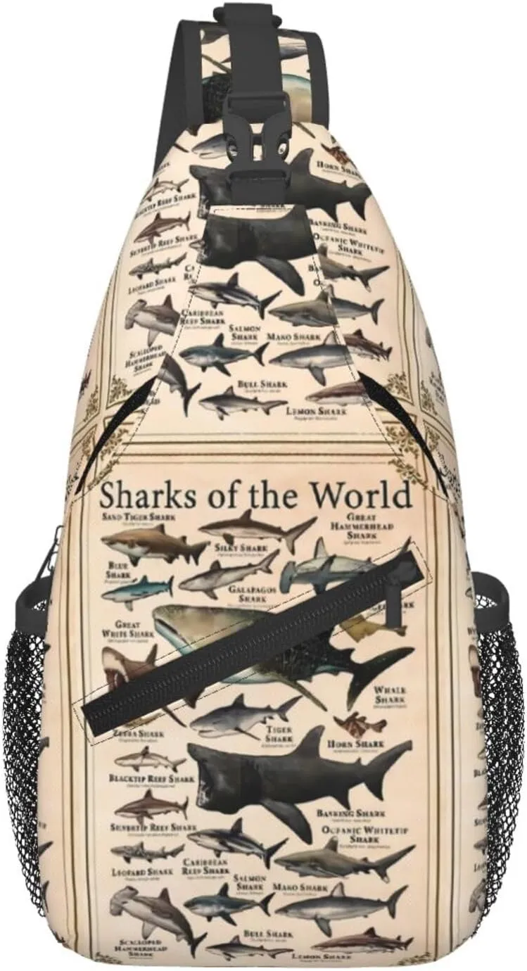 Sharks Of The World Shark Types Knowledge Chest Sling Bag Crossbody Shoulder Backpack Bag Gym Cycling Travel Hiking Daypack Cross Bag