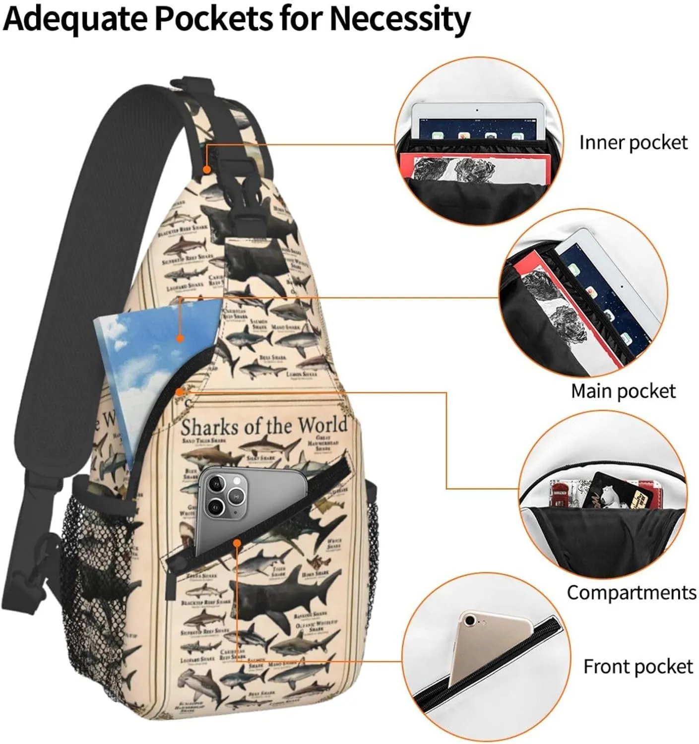 Sharks Of The World Shark Types Knowledge Chest Sling Bag Crossbody Shoulder Backpack Bag Gym Cycling Travel Hiking Daypack Cross Bag