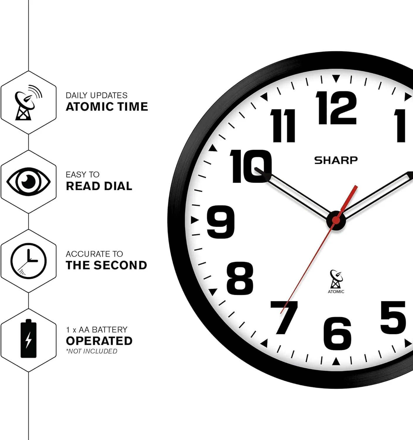 SHARP Atomic Analog Wall Clock - 12" Black Stylish Frame - Sets Automatically- Battery Operated - Easy to Read - Easy to Use – Modern Design and Style