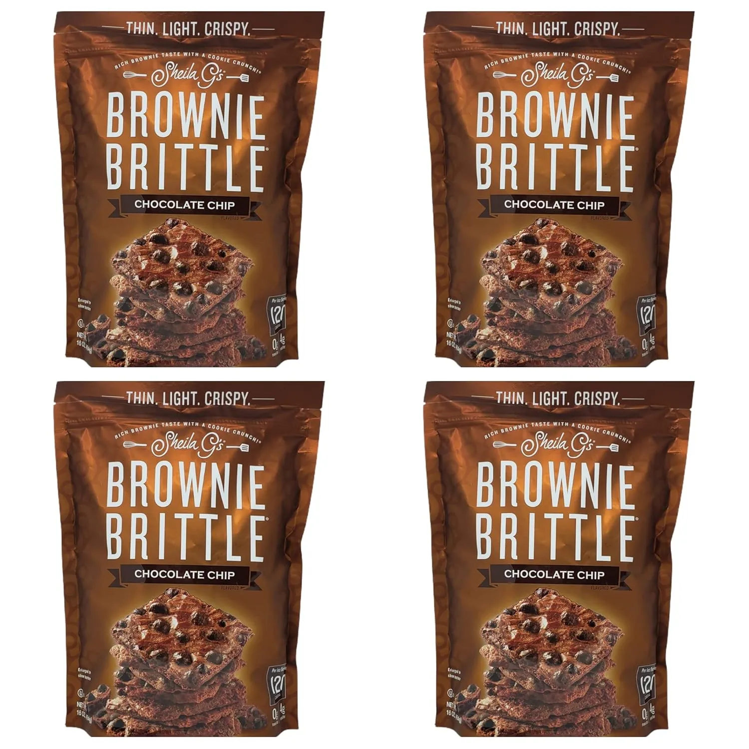 Sheila Gs Brownie Brittle Chocolate Chip - Box of 4 Bags - 16 oz Per Bag - 64 oz Total - Thin, Light, and Crispy Chocolate Chip Brownie Brittle