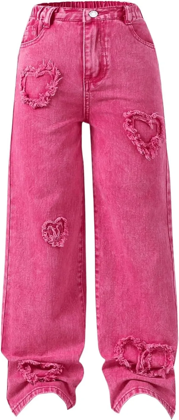 SHENHE Girl's Y2K Heart Applique Elastic High Waist Jeans Wide Leg Loose Denim Pants