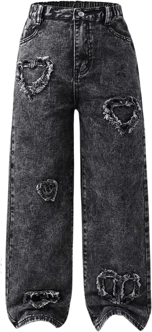 SHENHE Girl's Y2K Heart Applique Elastic High Waist Jeans Wide Leg Loose Denim Pants