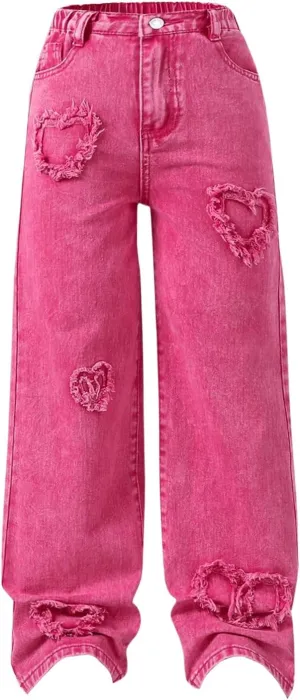 SHENHE Girl's Y2K Heart Applique Elastic High Waist Jeans Wide Leg Loose Denim Pants