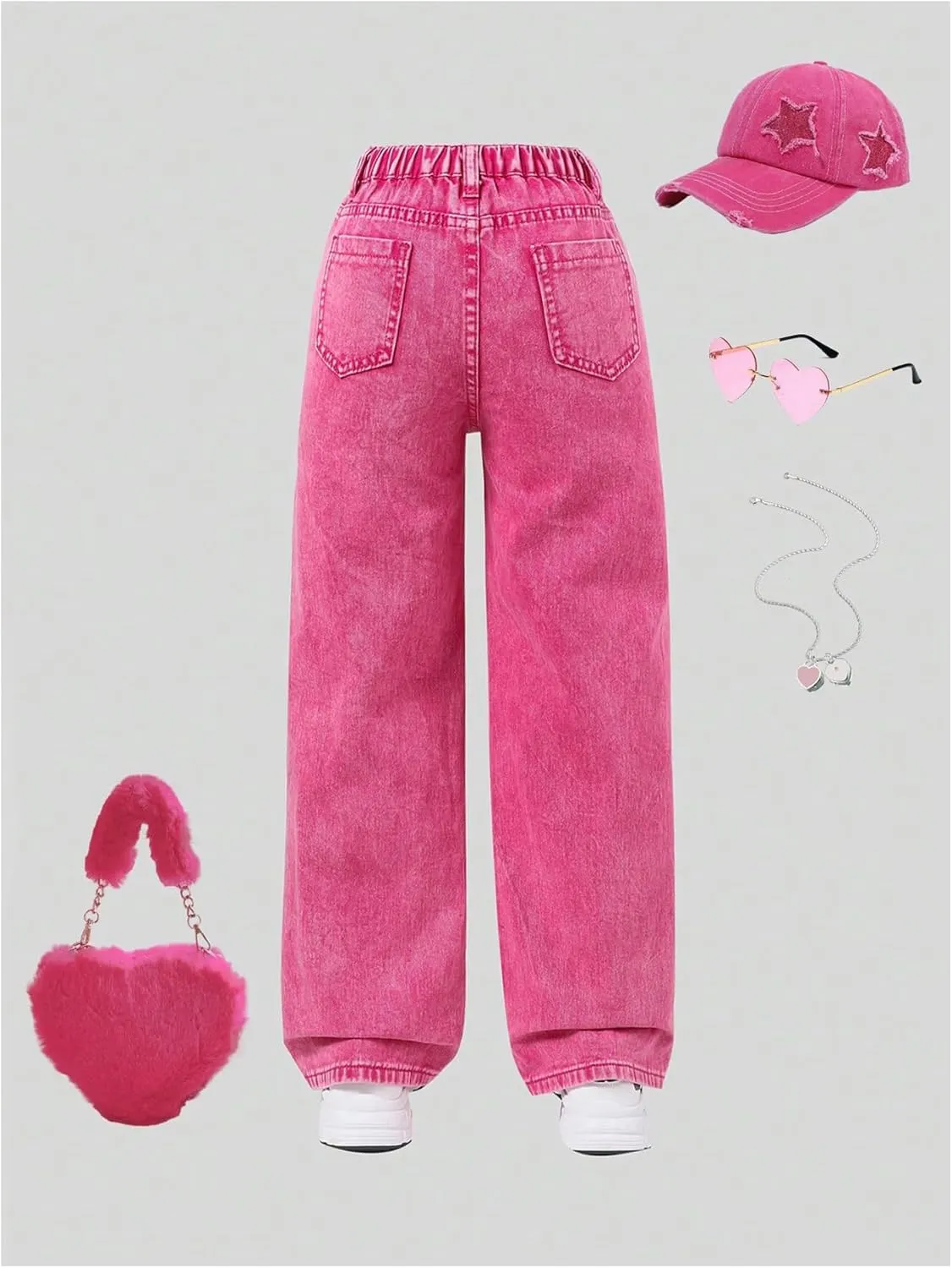 SHENHE Girl's Y2K Heart Applique Elastic High Waist Jeans Wide Leg Loose Denim Pants