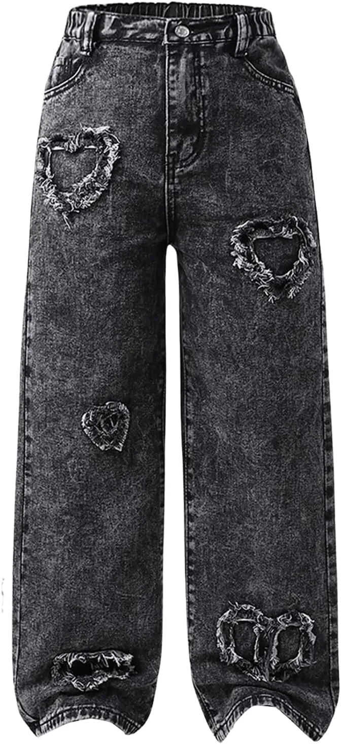 SHENHE Girl's Y2K Heart Applique Elastic High Waist Jeans Wide Leg Loose Denim Pants