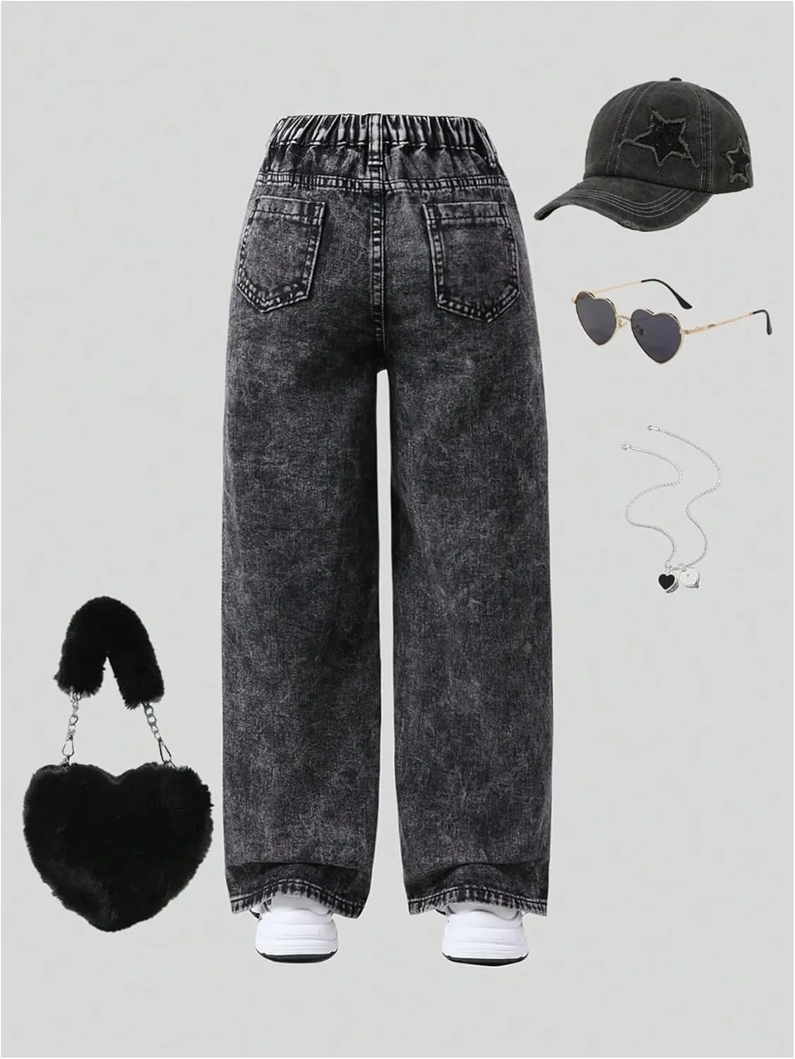 SHENHE Girl's Y2K Heart Applique Elastic High Waist Jeans Wide Leg Loose Denim Pants