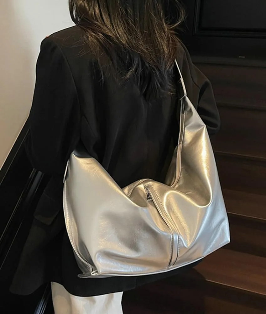 Shiny Hobo Bag for Women PU Leather Bag Trendy Shoulder Bag Satchel for Work Travel