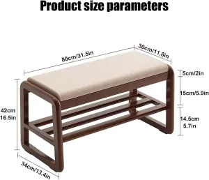 Shoe Organizer Storage Bench, Entryway Bench with Leather Cushion, 2 Tier Solid Wood Ottoman Bench, Mid Century Modern Shoe Rack for Living Room, Hallway(Dark Color,80cm/31.5inch)