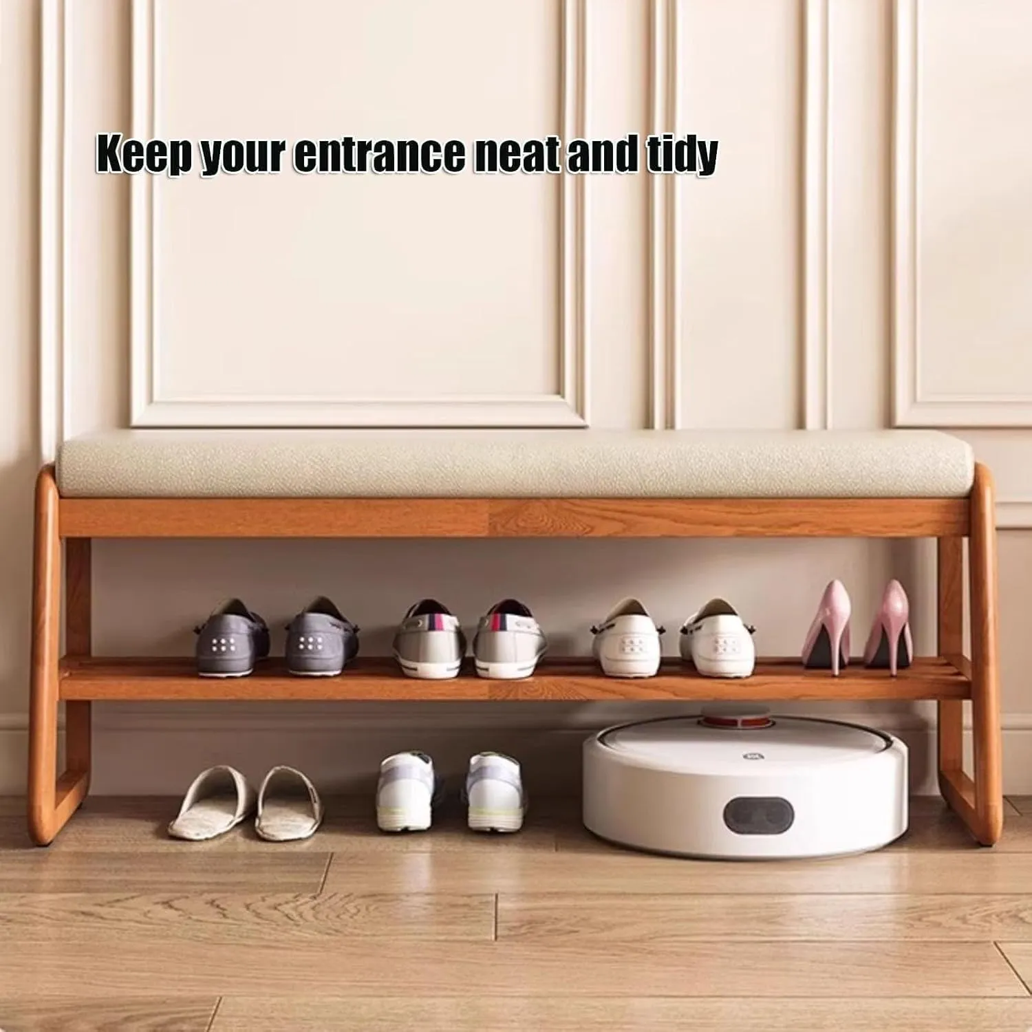 Shoe Organizer Storage Bench, Entryway Bench with Leather Cushion, 2 Tier Solid Wood Ottoman Bench, Mid Century Modern Shoe Rack for Living Room, Hallway(Dark Color,80cm/31.5inch)