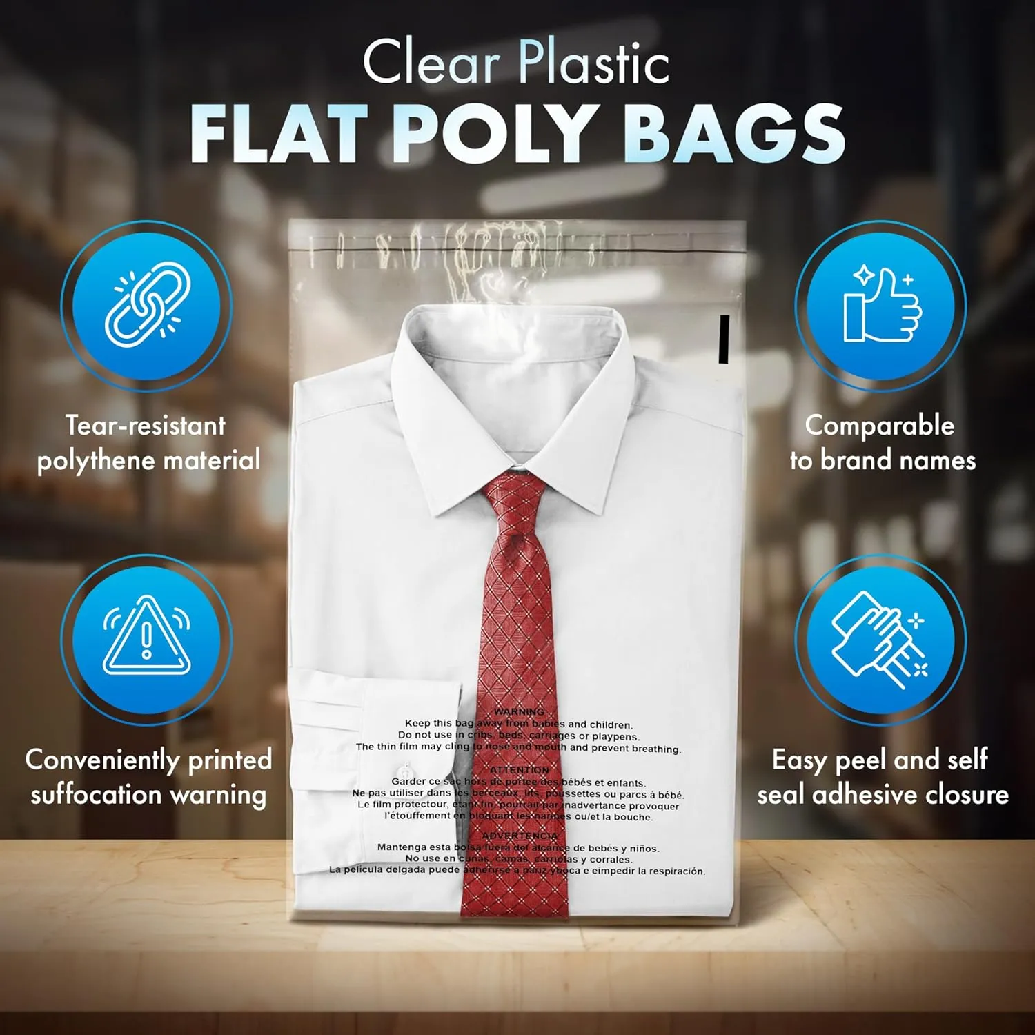 Shop4Mailers 10 x 13 Clear Plastic Flat Poly Bags with Suffocation Warning Self Seal Adhesive 1.5 Mil for Business FBA Packaging, Jewelry, Clothes, Prints, Storage – Resealable 1.5 Mil (1000 Pack)