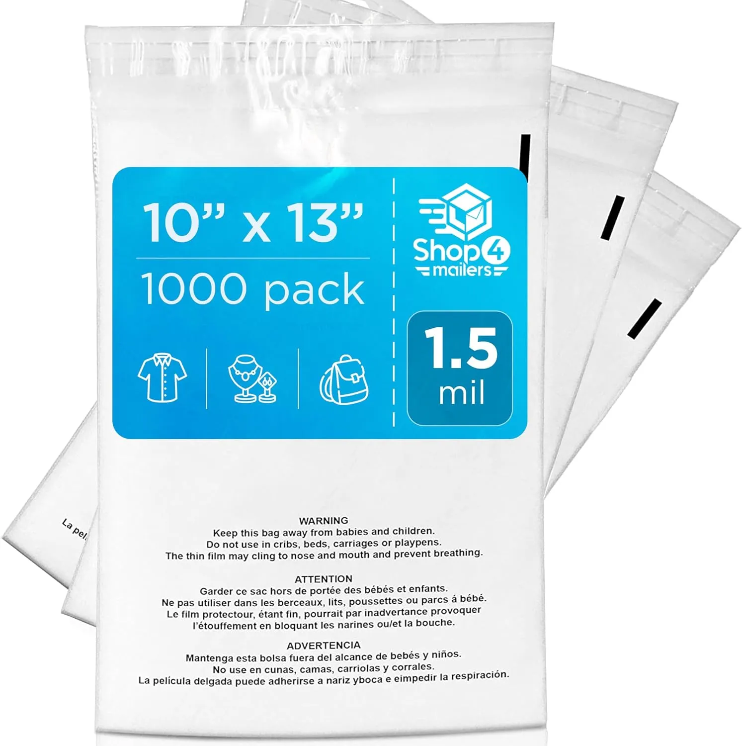 Shop4Mailers 10 x 13 Clear Plastic Flat Poly Bags with Suffocation Warning Self Seal Adhesive 1.5 Mil for Business FBA Packaging, Jewelry, Clothes, Prints, Storage – Resealable 1.5 Mil (1000 Pack)