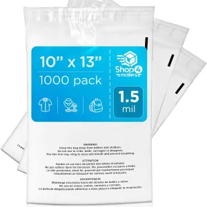 Shop4Mailers 10 x 13 Clear Plastic Flat Poly Bags with Suffocation Warning Self Seal Adhesive 1.5 Mil for Business FBA Packaging, Jewelry, Clothes, Prints, Storage – Resealable 1.5 Mil (1000 Pack)