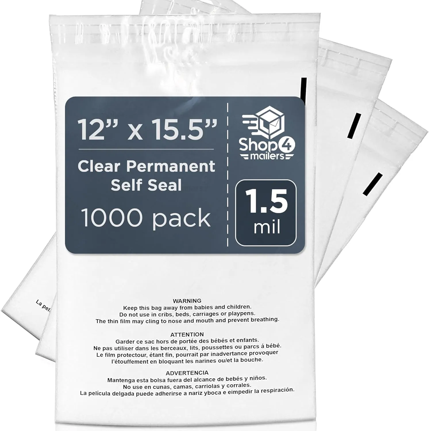 Shop4Mailers 12x15.5 Clear Poly Bag with Suffocation Warning Self-Seal Adhesive, 1.5 Mil Clear Bag for FBA, Packaging Bags, Clothes Storage, & Shipping Bags Permanent Seal Poly Mailers (Pack of 1000)