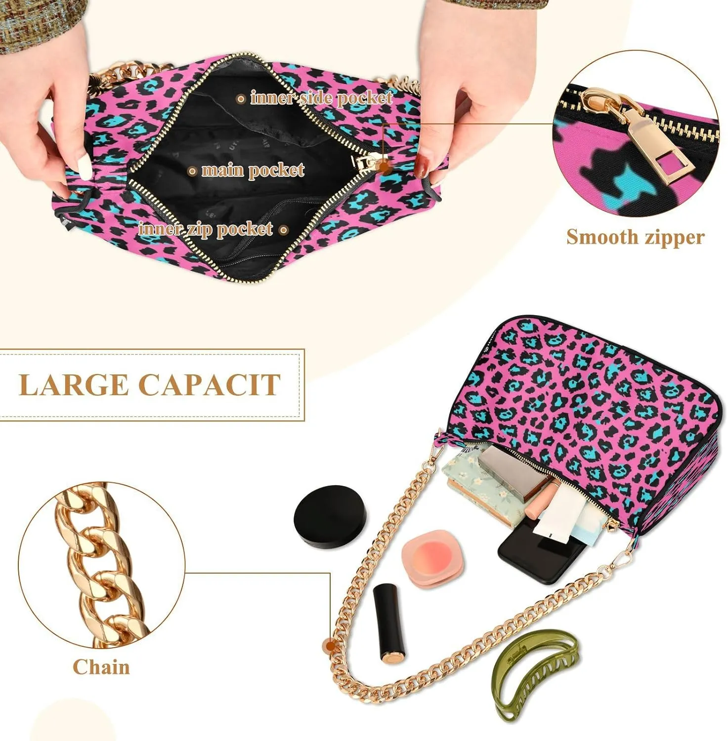 Shoulder Bag for Women Hobo Tote Handbag Gold Chain Crossbody Bag with Zipper Clutch Purse Handbags