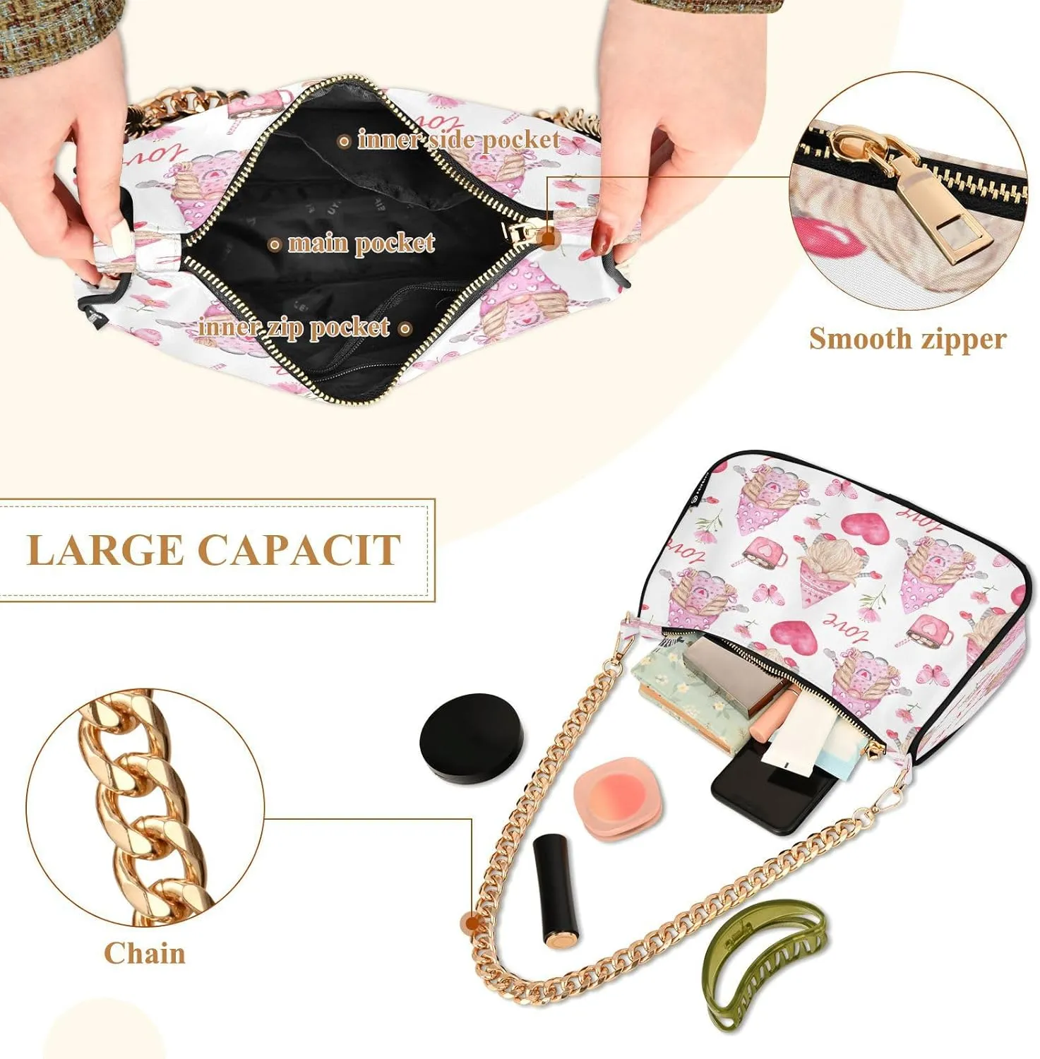 Shoulder Bag for Women Hobo Tote Handbag Gold Chain Crossbody Bag with Zipper Clutch Purse Handbags